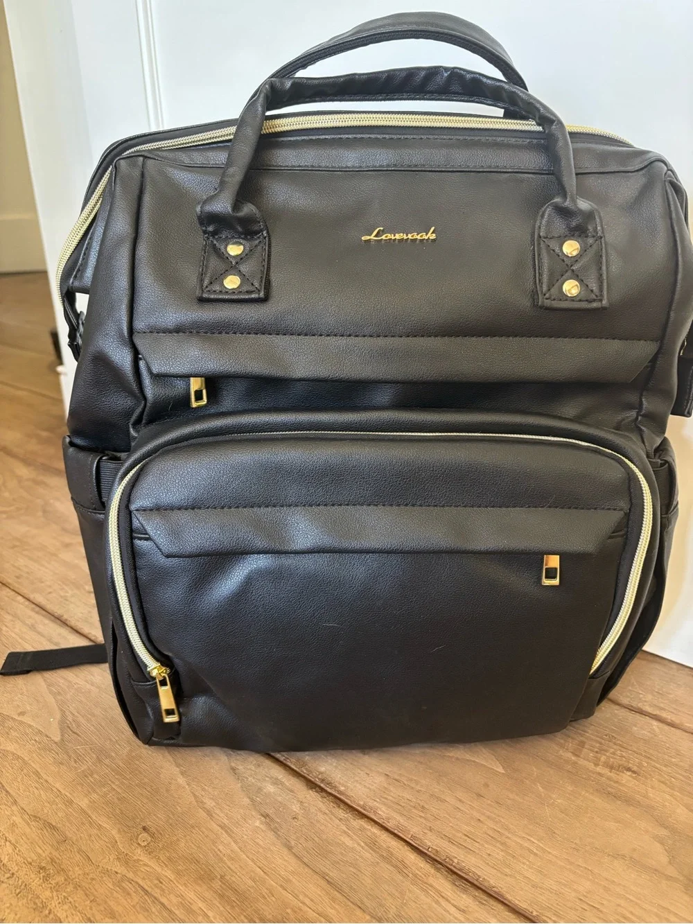 Lovevook Black Women's Faux Leather Backpack with Gold Accents